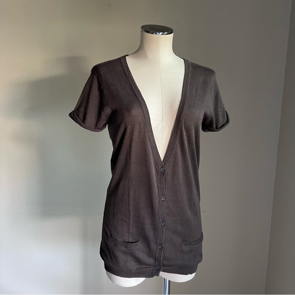 American Vintage Cashmere & Cotton Knit Short Sleeve Cardigan Sz S Button Brown